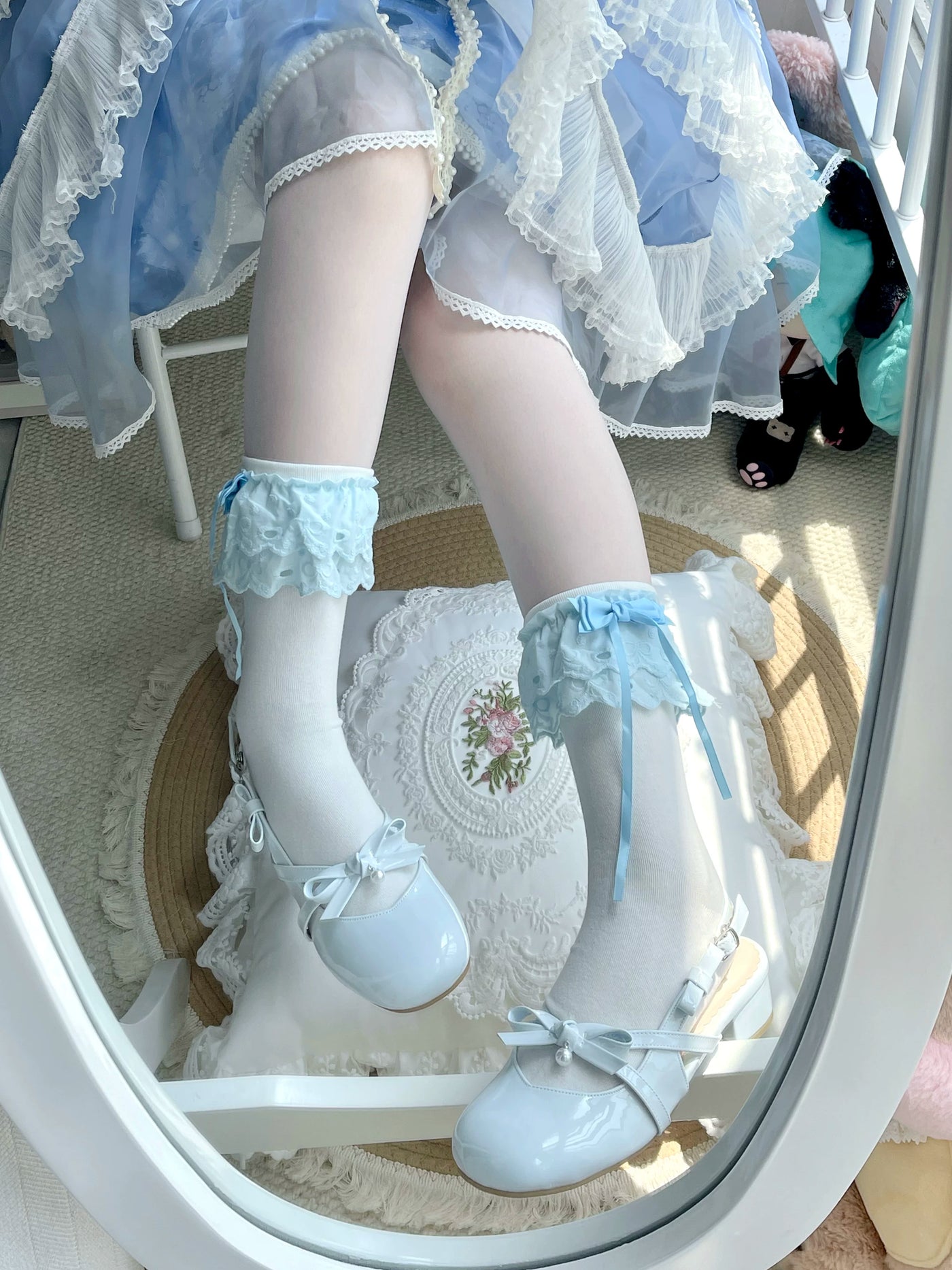 Fantasy Doll - Blue Ribbon - Mid-Calf Socks with Lace Bows
