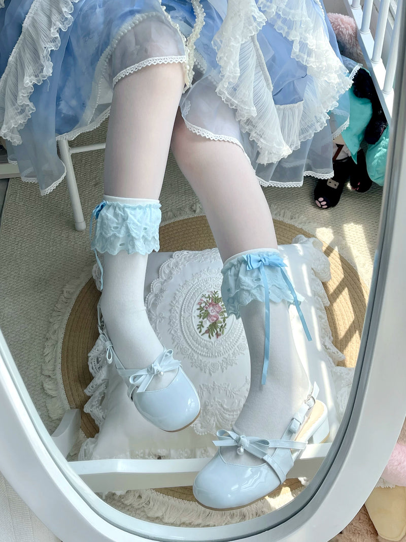 Fantasy Doll - Blue Ribbon - Mid-Calf Socks with Lace Bows