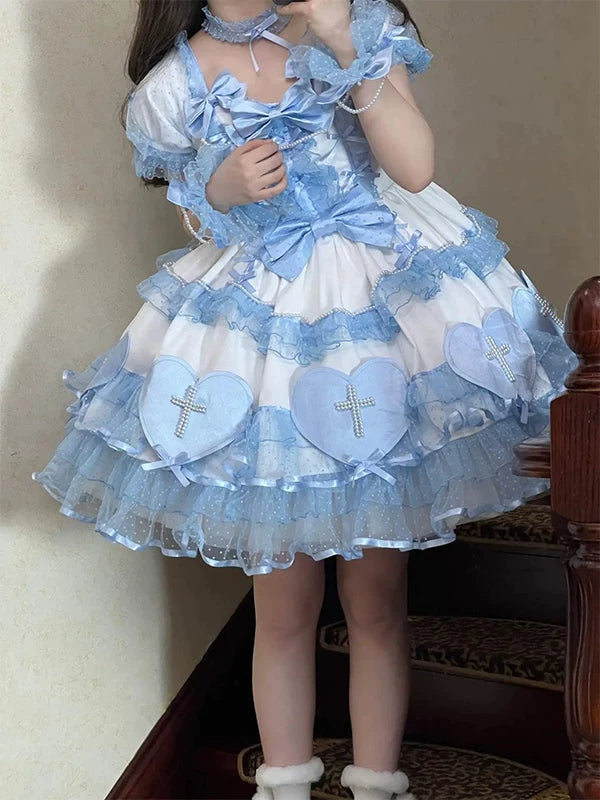Creamy - Blue Cross Heart Doll - Short-Sleeve Lolita Dress with Heart-and-Cross Appliqués