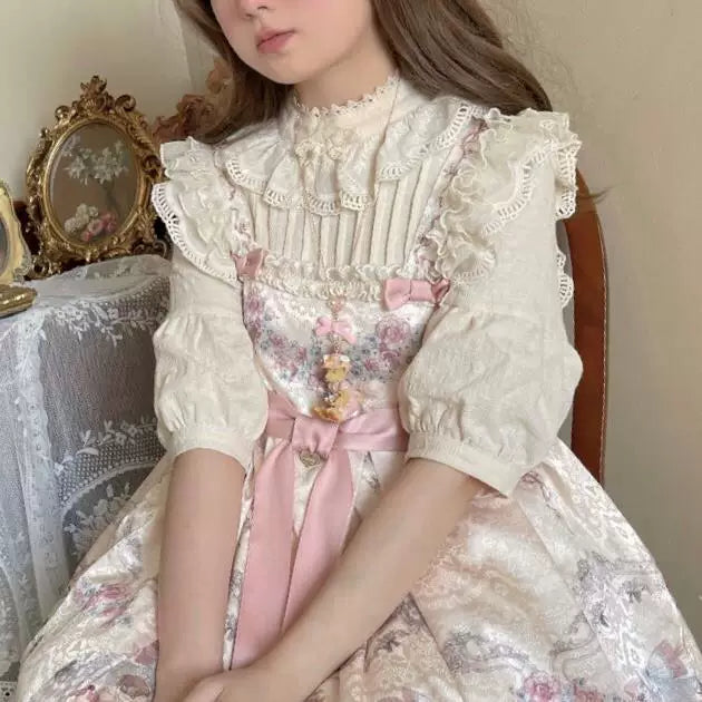 Sweetheart Dream Machine - Vintage Girlish - Blouse & Top with a Lace-Trimmed Stand Collar