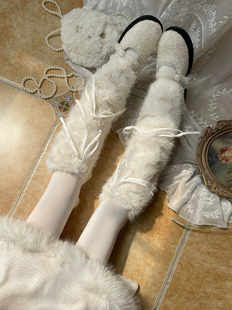 Sock Noble - Winter Plush - White Plush Leg Warmers with Tie Details