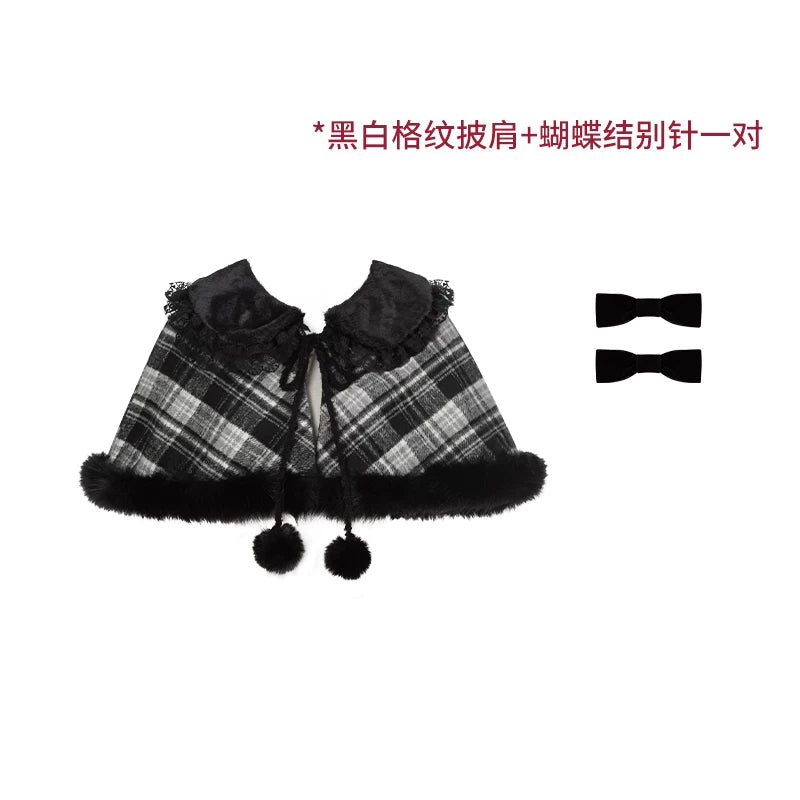 With PUJI - Snow Night Serenade - Fluffy Plaid Kawaii Lolita JSK, Reversible Cape detail view 12