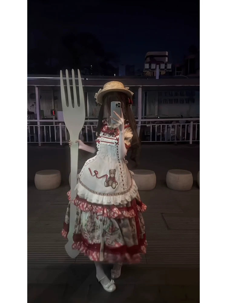 Dream Bunny - December Strawberry Field - Strawberry-Print One-Piece Dress with Red Gingham Ruffles