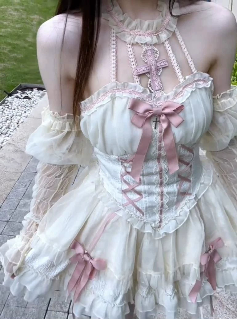Creamy - Pink Cross Halter - Pink Gothic Lolita Dress with Bow Trim