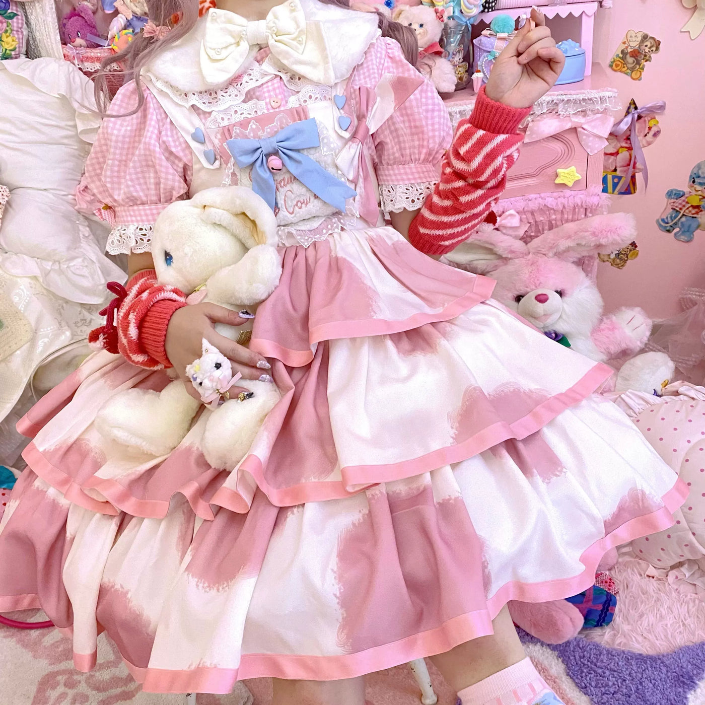 Tata Long Ear - Milk Cake Cow Print - Cow-Print JSK Dress with Three-Section Skirt