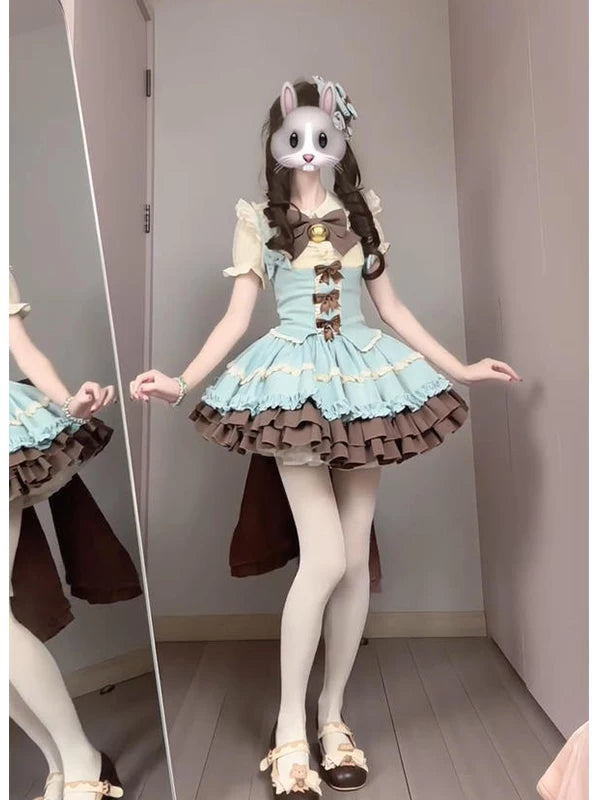 Creamy mint JSK outfit set with chocolate-brown tiered ruffles and bow