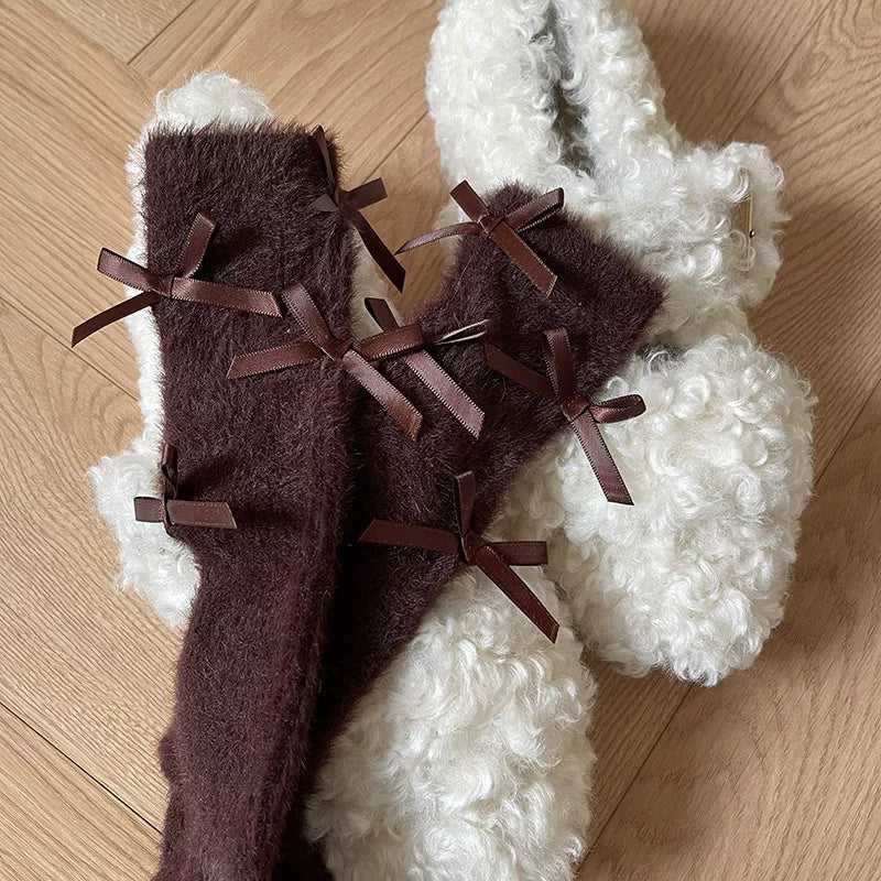 Sock Noble - Ballet Bow Fuzz - Mid-Calf Slouch Socks with Ribbon Bows