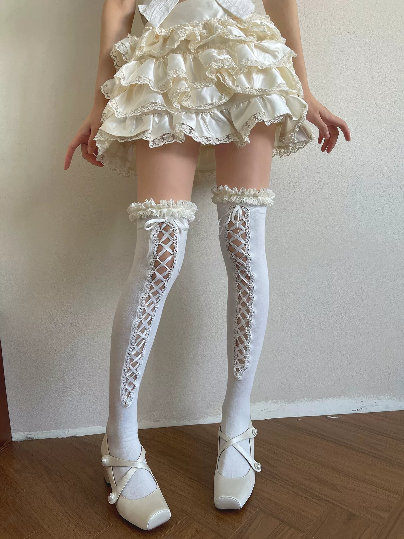 Sock Noble - Ballet Lace-Up - Lace-Up Thigh-High Socks with Ruffled Tops