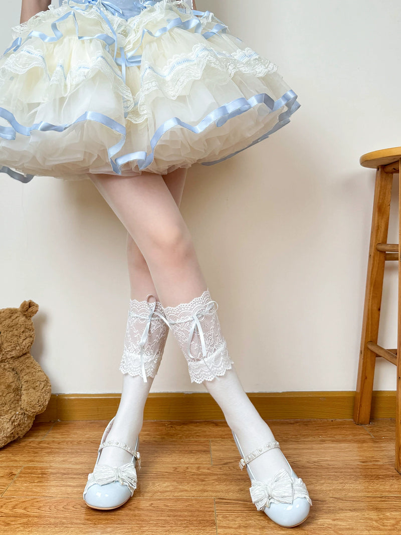 Chubby Bear Tales - Blue Ribbon Lace Collection - Blue-and-White Lolita Sock Collection with Bow Options