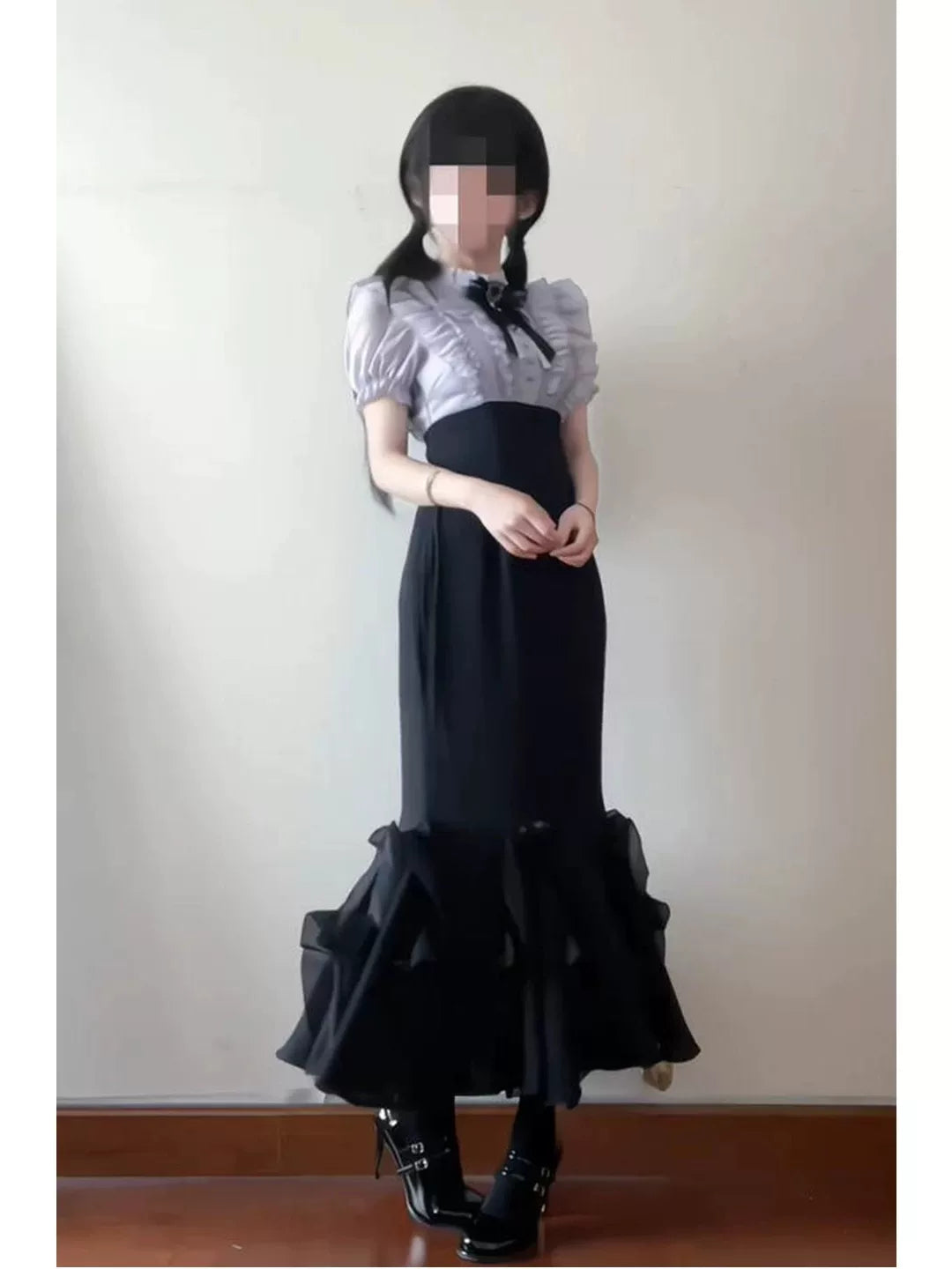 Creamy - Black Purple Vintage Sweet - High-waisted dress with lace paneling and a gathered ruffle hem