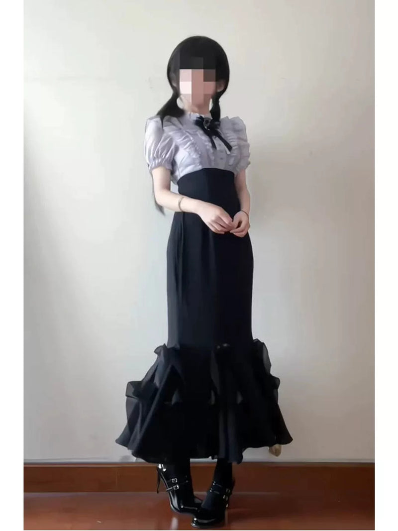Creamy - Black Purple Vintage Sweet - High-waisted dress with lace paneling and a gathered ruffle hem