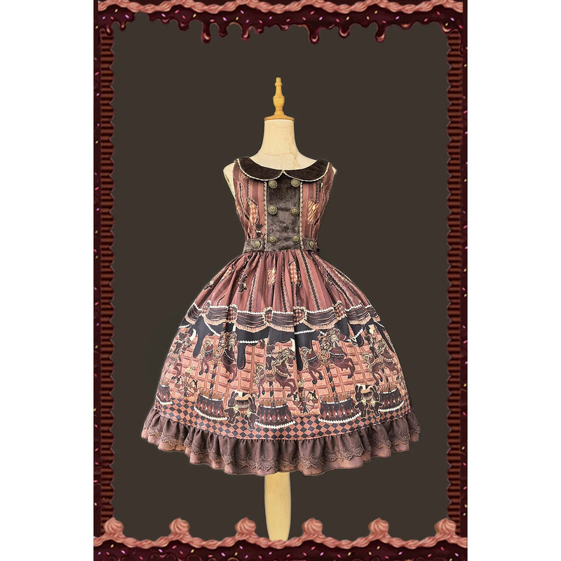 Chocolate Carousel - Peter Pan Collar Old School Lolita JSK Dress, Carousel Print (L M S XL) 43764:785946