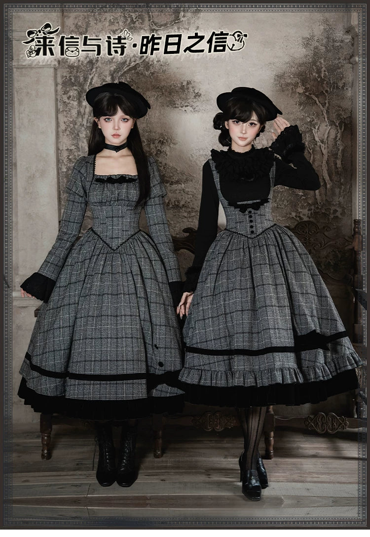 With PUJI - Yesterday's Epistle - Winter Classic Lolita Plaid Dress Set, Fishbone Waist detail view 6