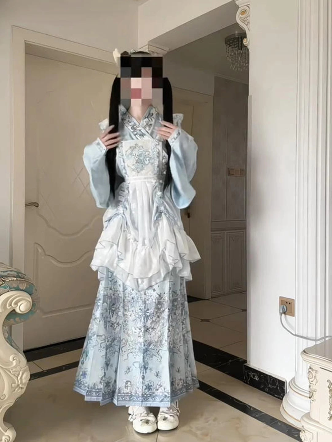 Creamy - Blue Han-Yang Fusion - Hanfu Outfit Set with a cross-collar top and embroidered overskirt