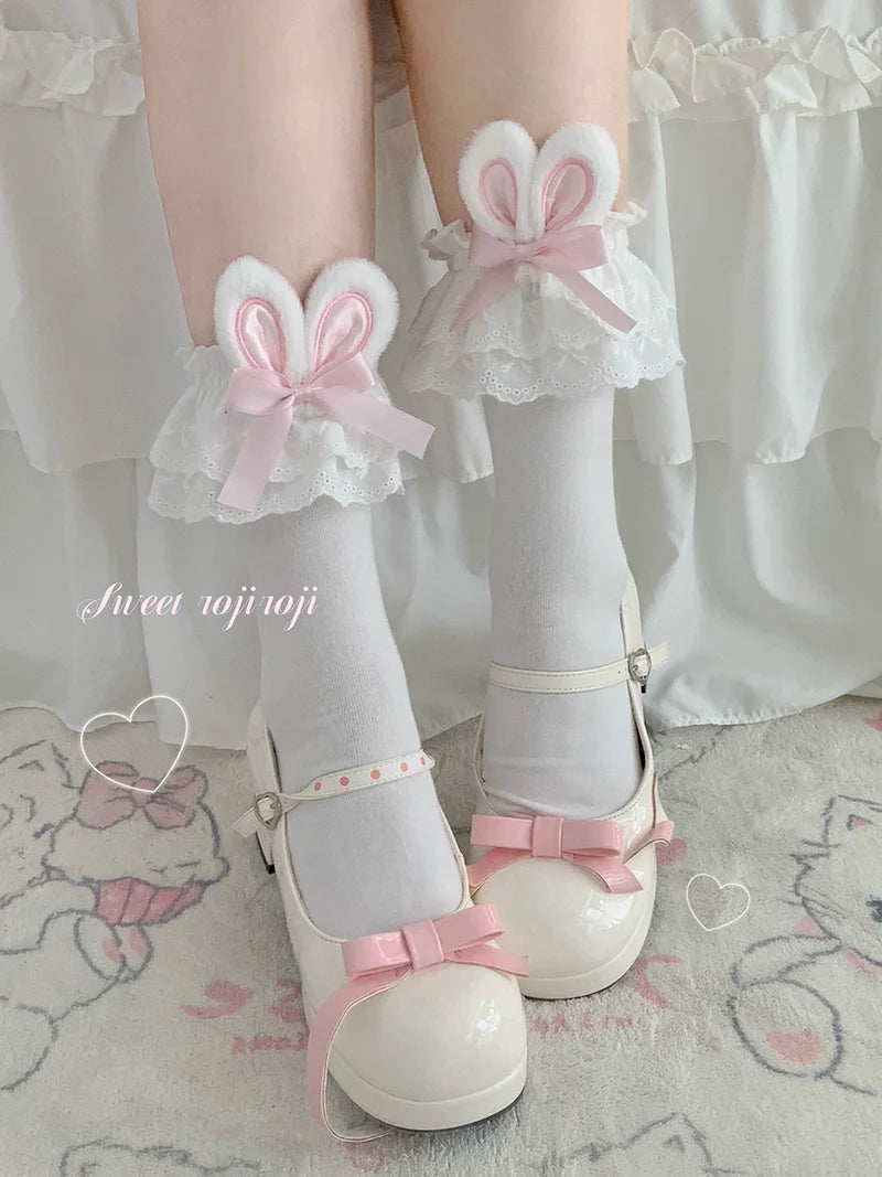 Sweet Lolita Cotton Socks, Bunny Ear & Ribbon Bow Pink ears with white lace One Size