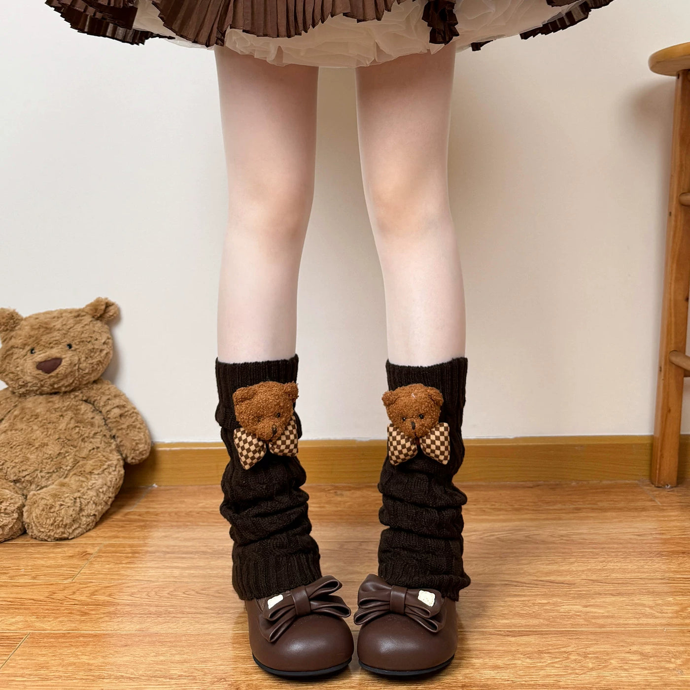 Chubby Bear Tales - Little Bear Knit Layers - Cable-Knit Leg Warmers with Teddy Bear Bows