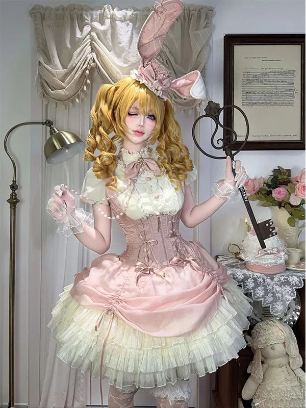Pink bunny JSK dress with layered skirt and matching hat