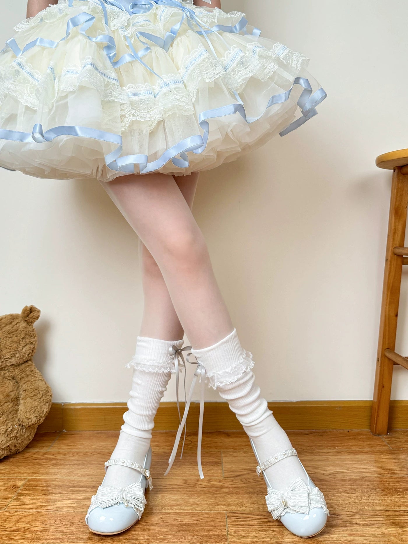 Chubby Bear Tales - Cream Ballet - Lightweight Calf Scrunch Socks with Lace Cuffs