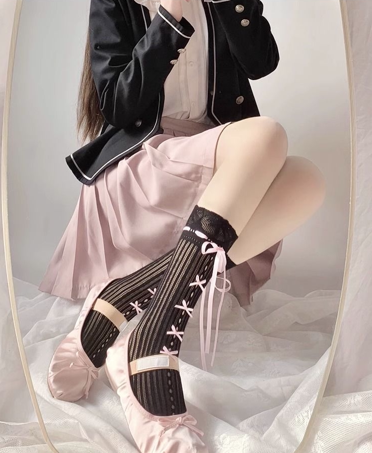 Fantasy Doll - Lace Bow Layering - Mid-Calf Socks with Lace Cuffs and Ribbon Ties