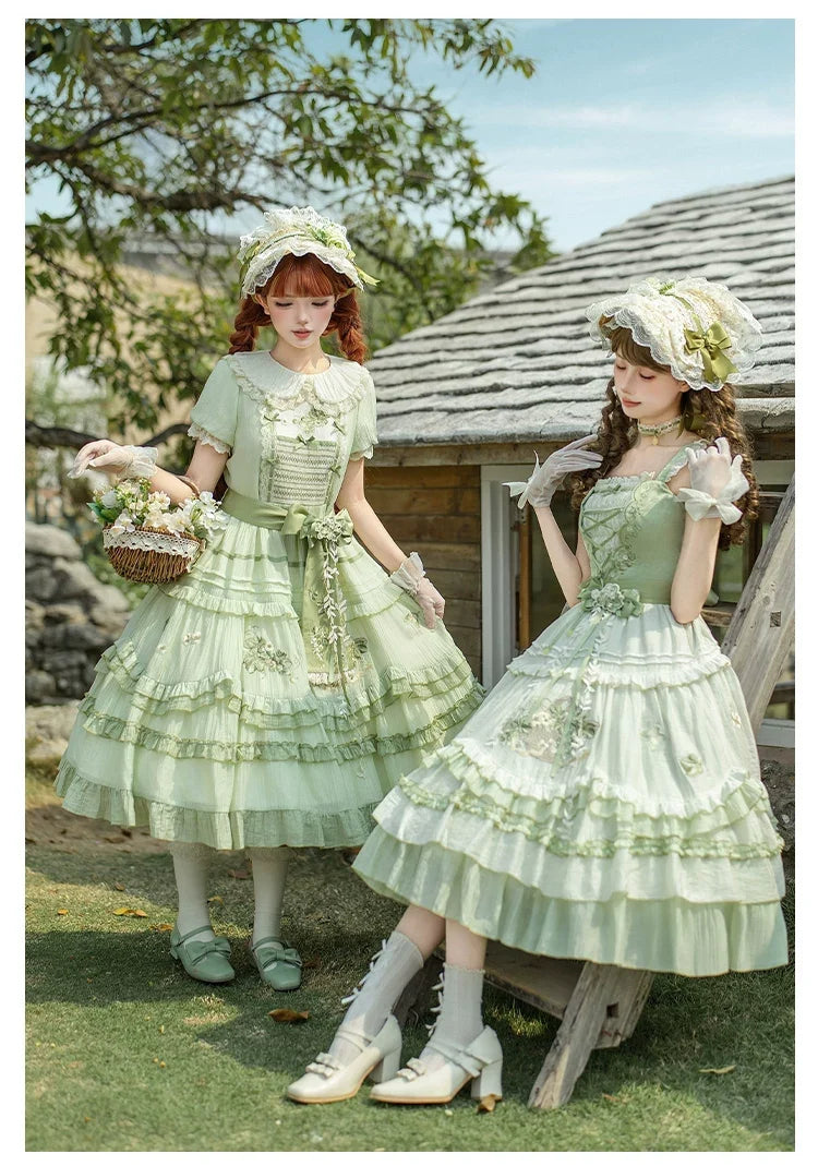 With PUJI - Green Grape - Embroidered Country Lolita OP Dress, Tiered JSK