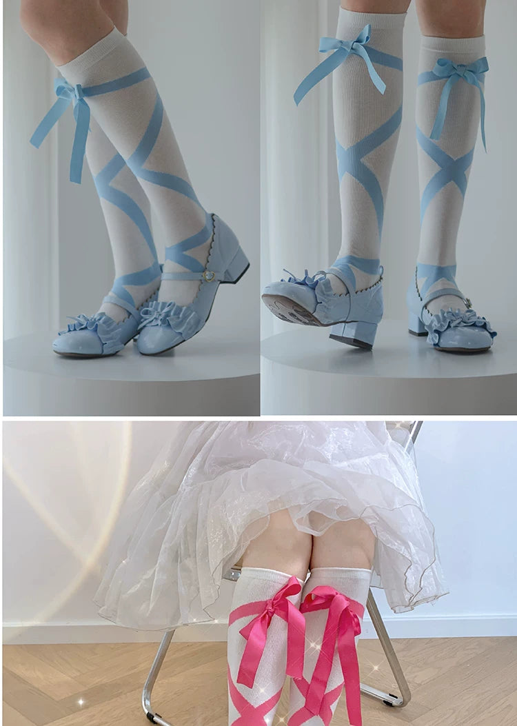 roji roji - Ribbon Strap - Cotton Mid-Calf Socks with Crossed Ribbon Straps