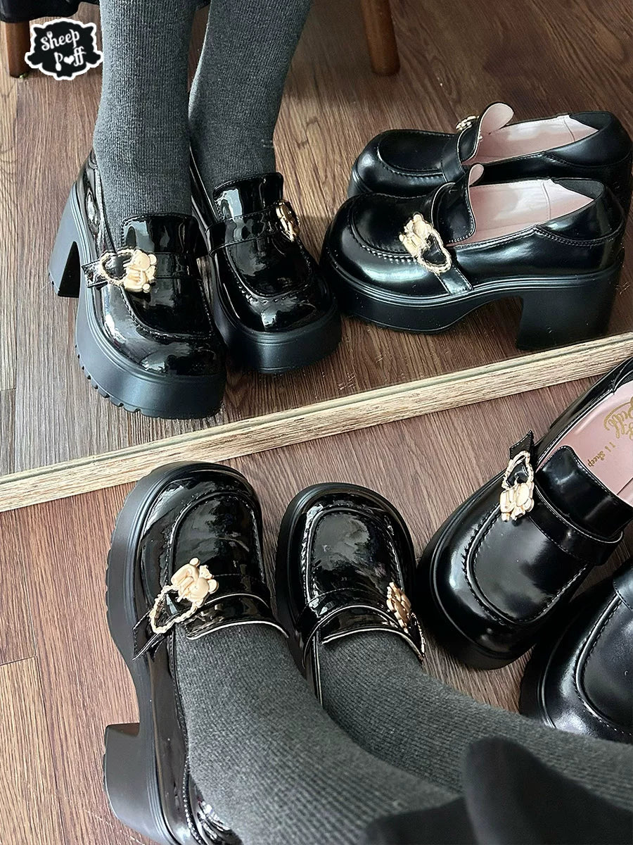 Sheep Puff Lolita shoes featuring bear puff design, with cute uniform heels and soft pastel colors, perfect for kawaii fashion.
