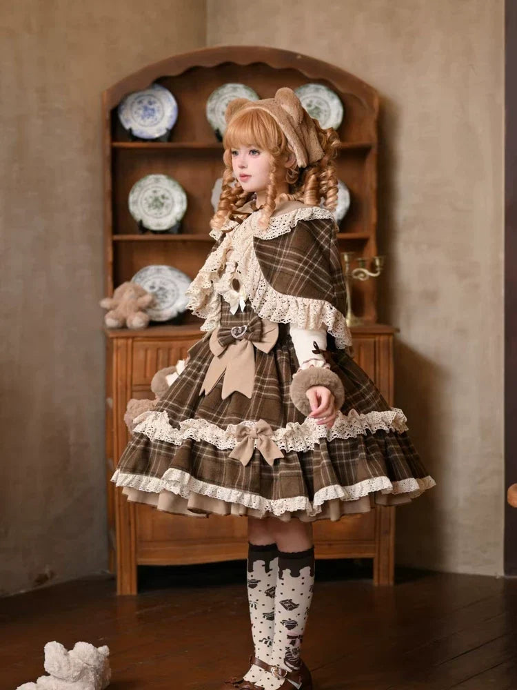 Qianmu - Choco Chestnut - Plaid Kawaii Lolita JSK Dress, Peter Pan Collar Cape