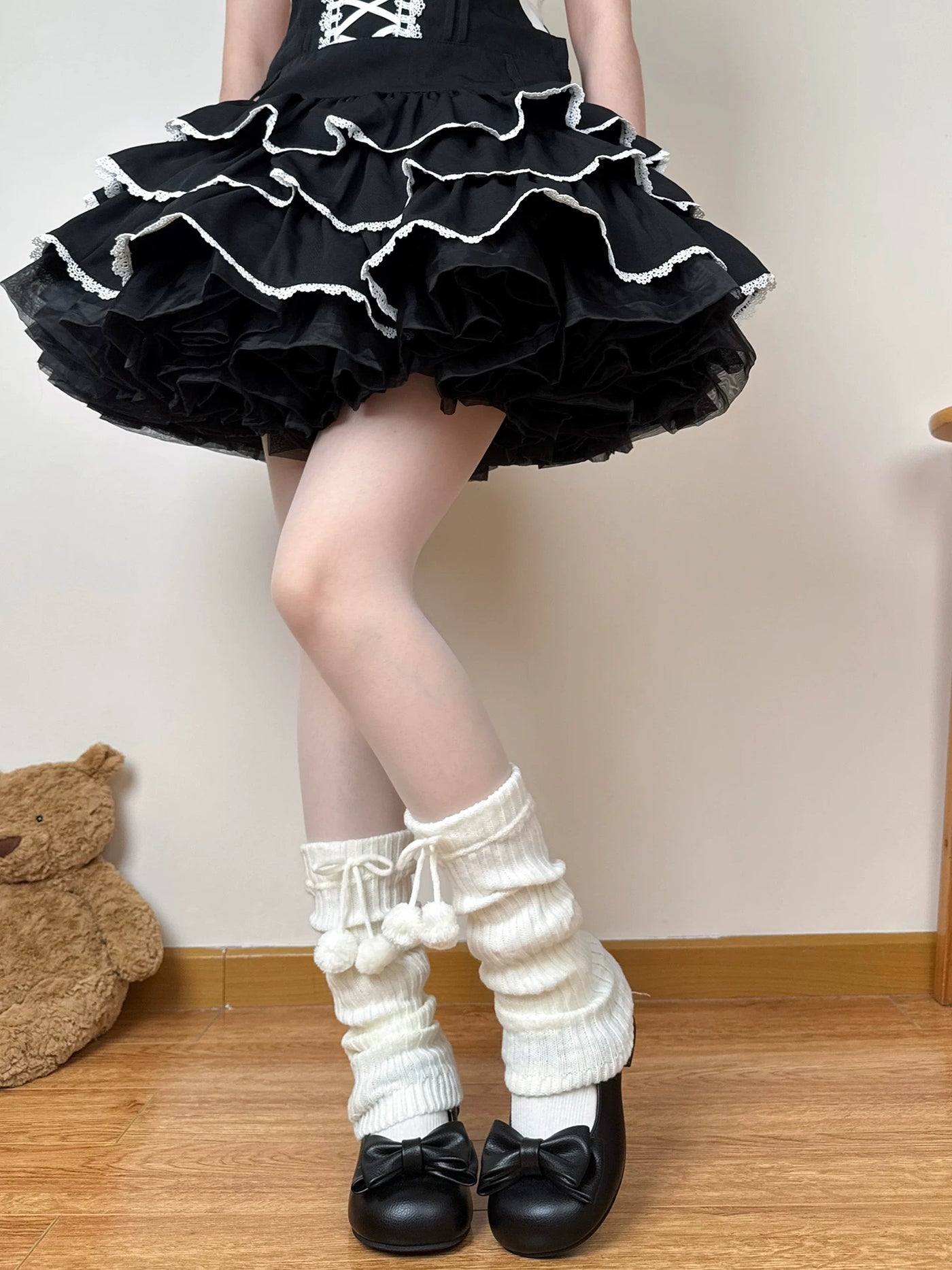 Chubby Bear Tales - Antique Doll Pompom - Ribbed leg warmers with drawstring pom-pom ties