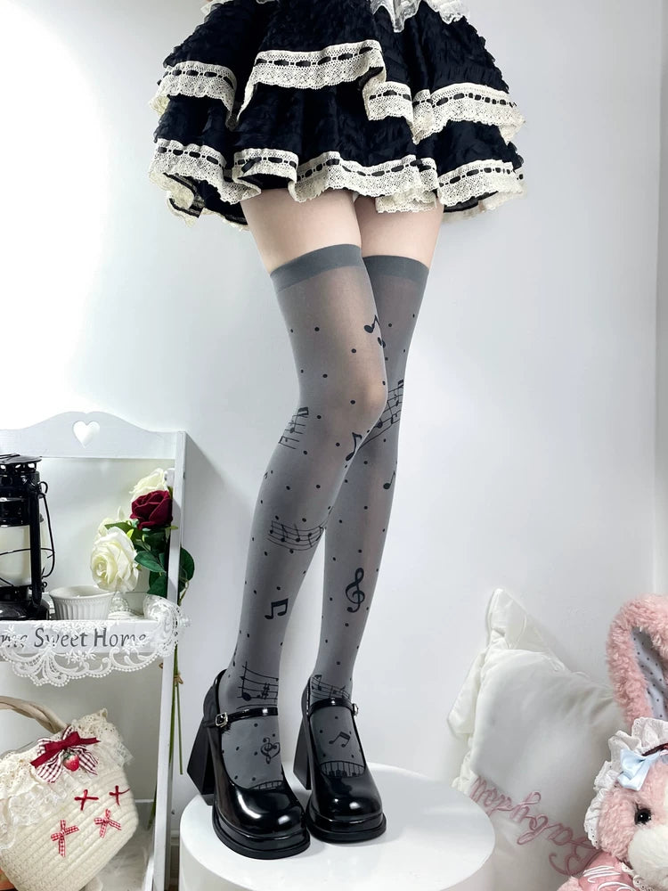 Fantasy Doll - Musical Notes - Over-the-Knee Socks with Music-Note Print