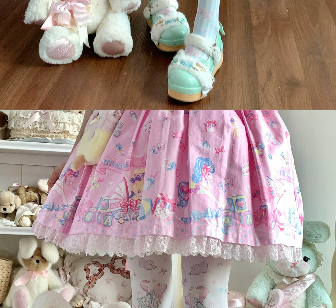 roji roji - Momo Celebration - Pastel Velvet Printed Tights with Bunny Motifs