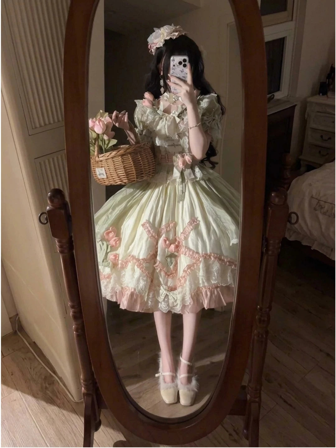 Creamy - Green-Pink Garden - Short-Sleeve Lolita Dress Set with Floral Details