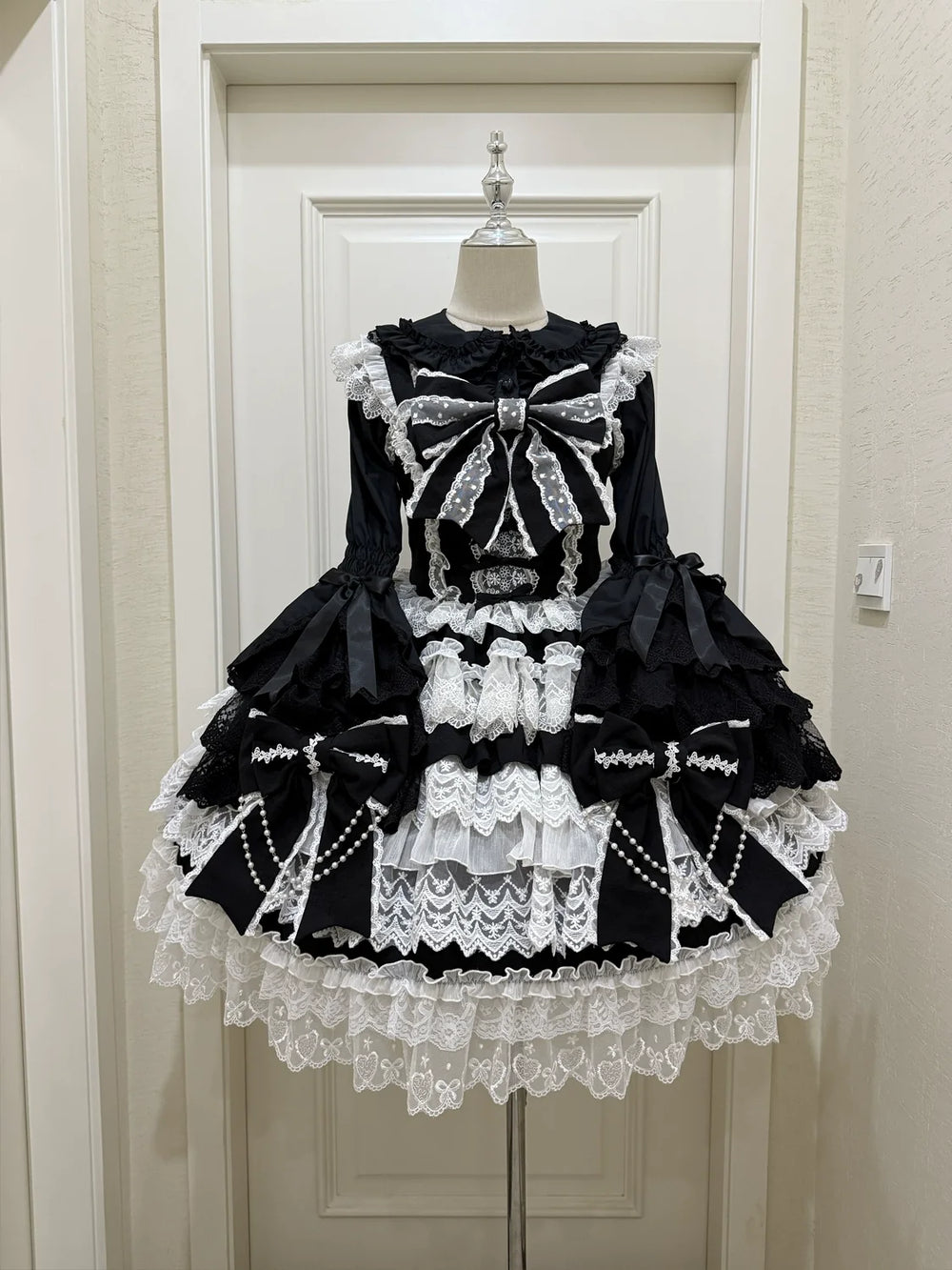 Hanguliang - Cross Heart Knot - Sweet Lolita JSK Suit Tiered Ruffles Dress, Lace Blouse