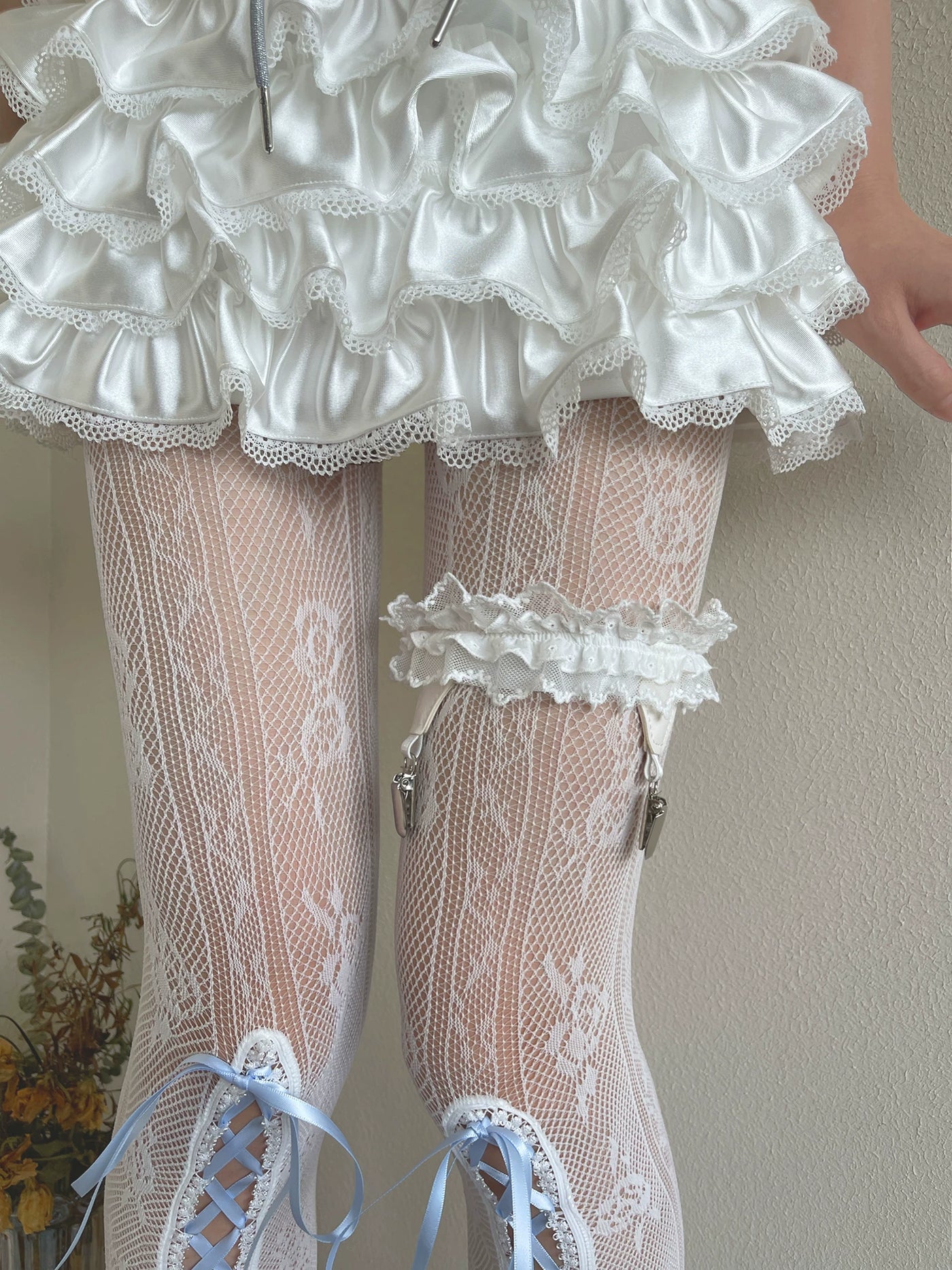 Sock Noble - Ribbon Lace - White Lace Tights with Ribbon Lacing