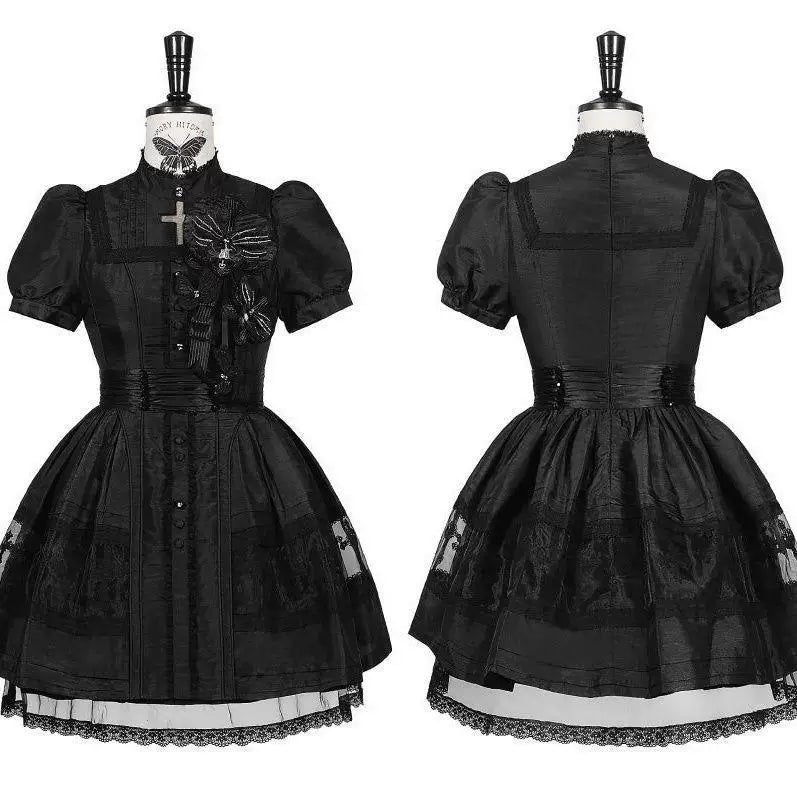 Gothic Lolita high-neck OP dress in white short length, front view