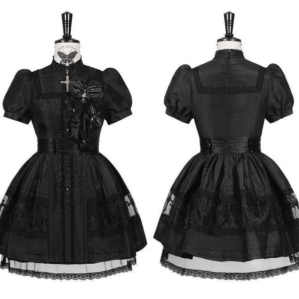 Gothic Lolita high-neck OP dress in white short length, front view