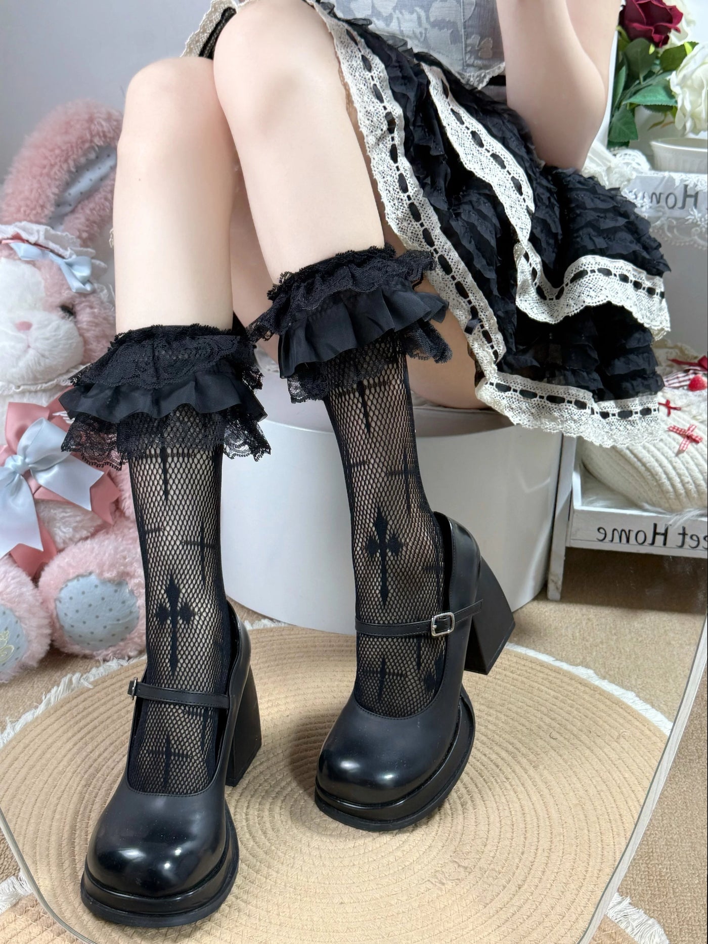 Fantasy Doll - Cross Lace - Calf Socks with Lace Trim and Cross Motifs