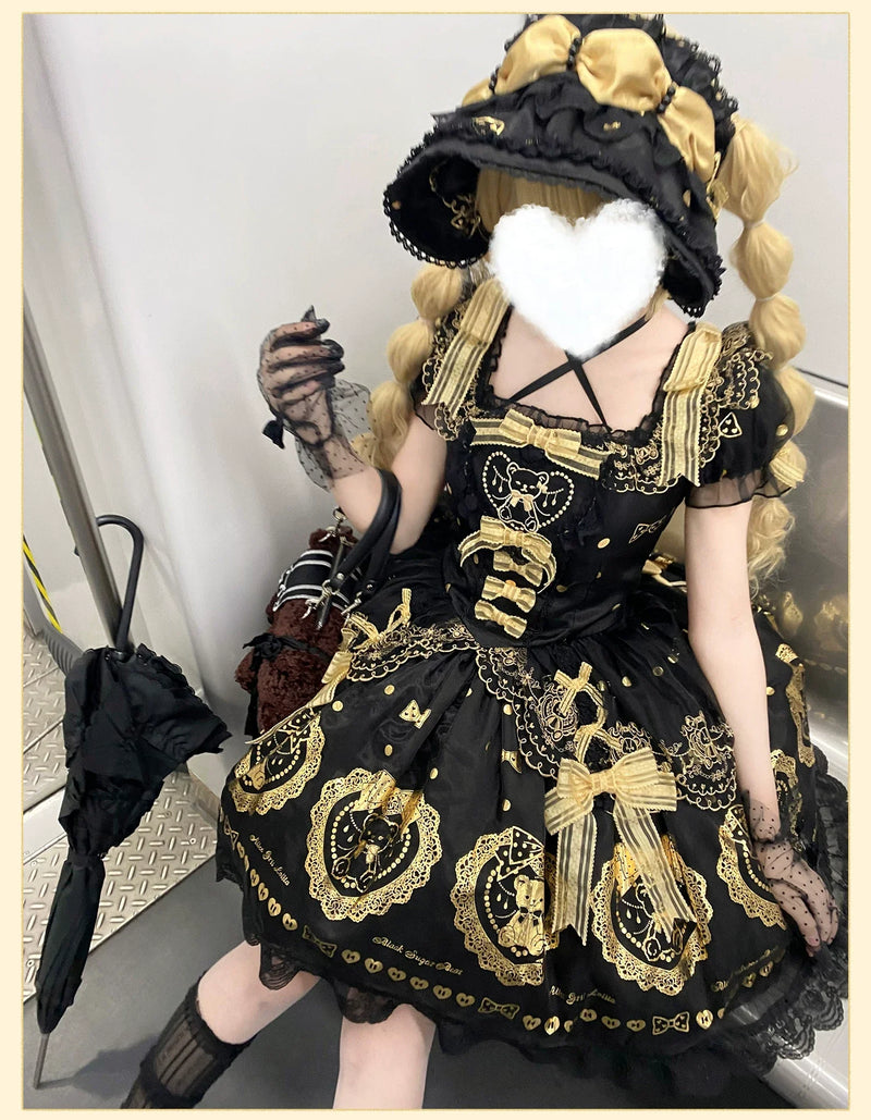 Alice Girl - Brown Sugar Bear - Old School Lolita OP & Halter Dress, Bear Print
