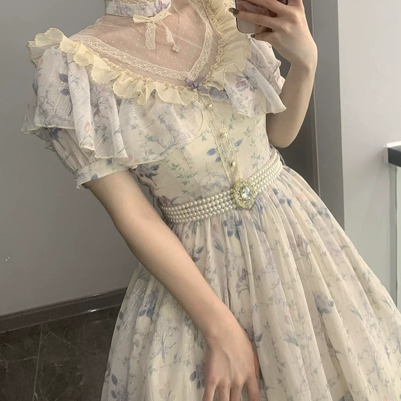 With PUJI - Summer Flower Wall Collection - Lolita OP Dress, Pockets & Chiffon detail view 12
