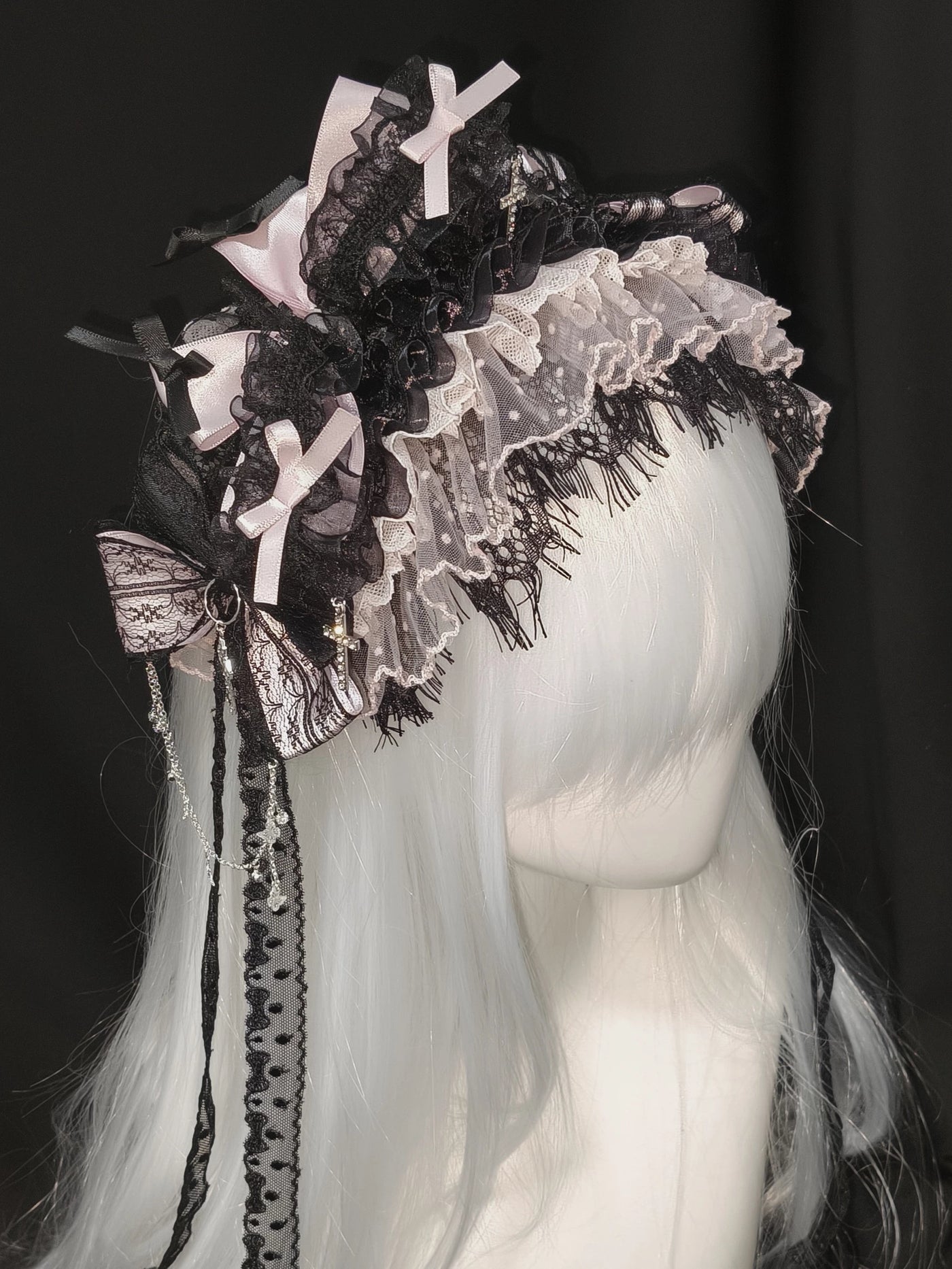 Dokisuru - Cross Lace - Heavily Embellished Lace Hairband with Bows and Cross Accents