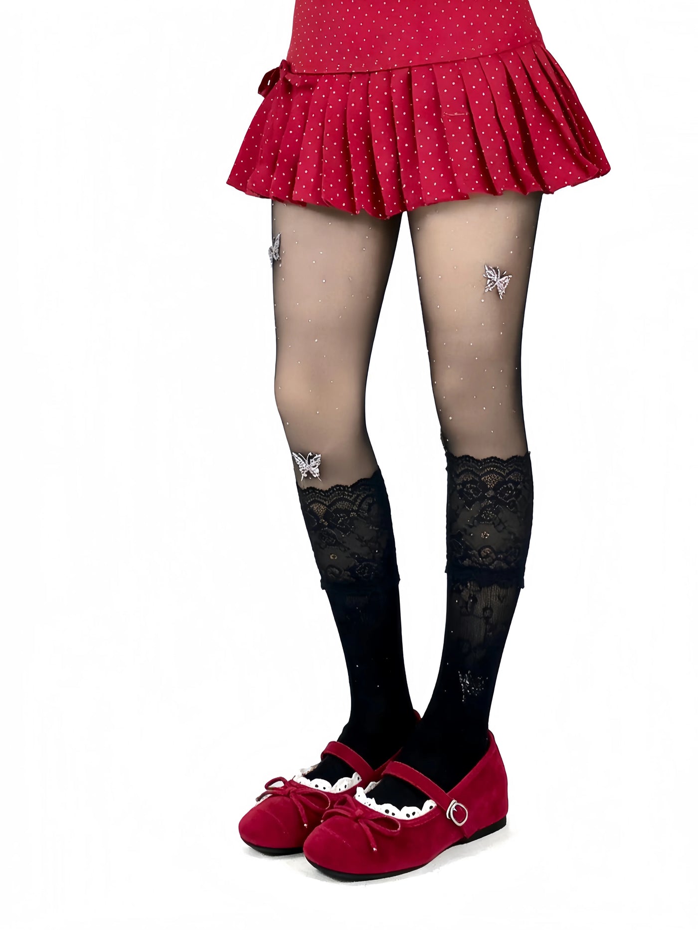 Lace socks shown in black and white styling examples with scalloped cuffs.