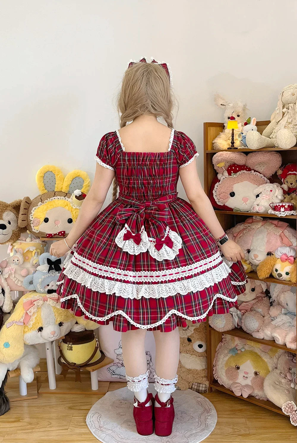 Miss Point - Plaid Petal Bunny - Old School Lolita Plaid OP Dress, Petal-shaped Hem
