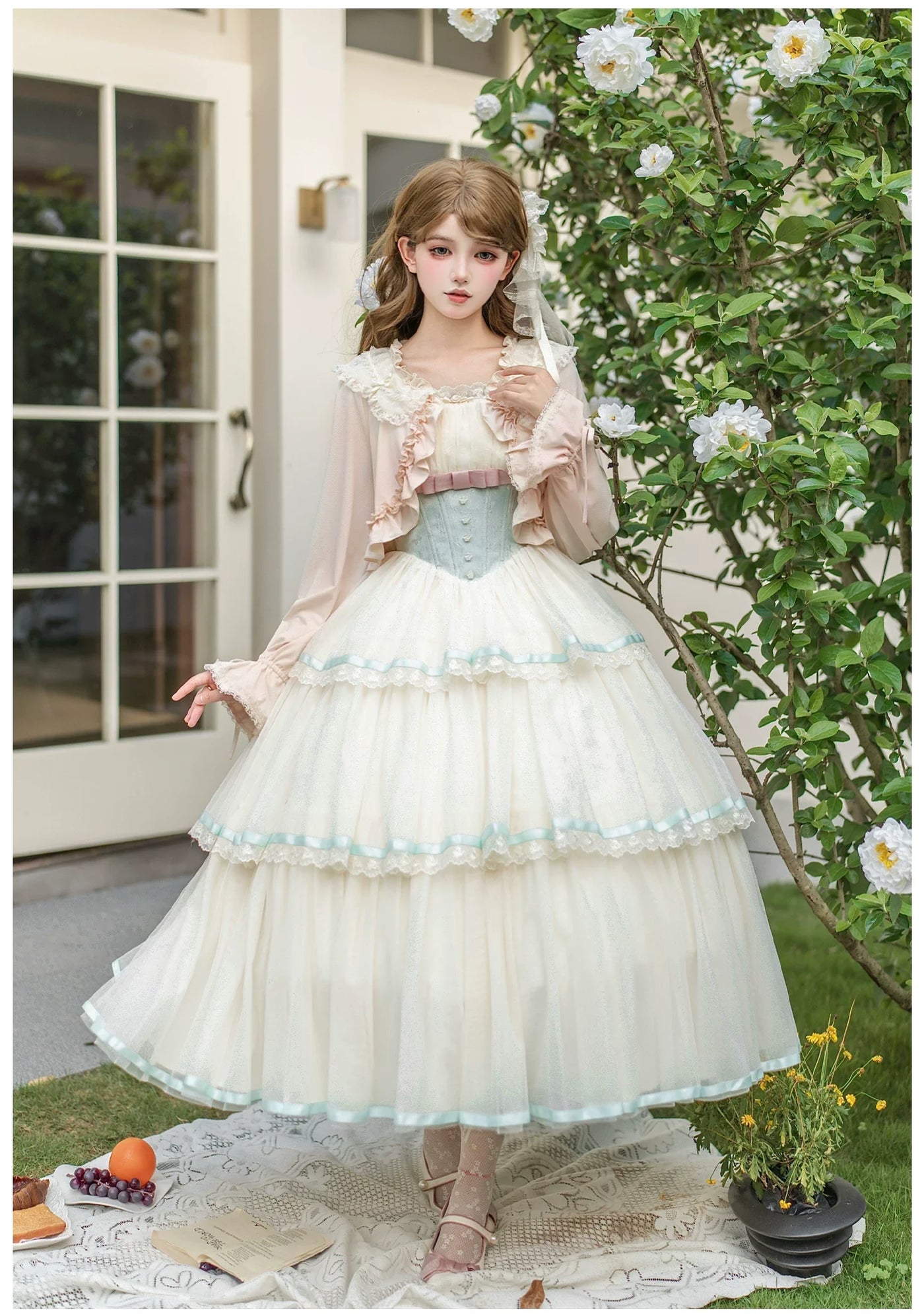 With PUJI - Sea Salt Soda - Classic Lolita Adjustable Corset JSK Dress, Tiered Tulle Hem