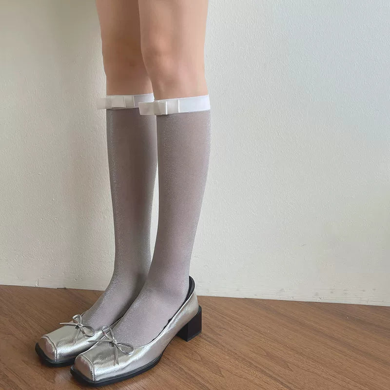 Sock Noble - Bow Shimmer - Glittery mid-calf socks with white bow accents