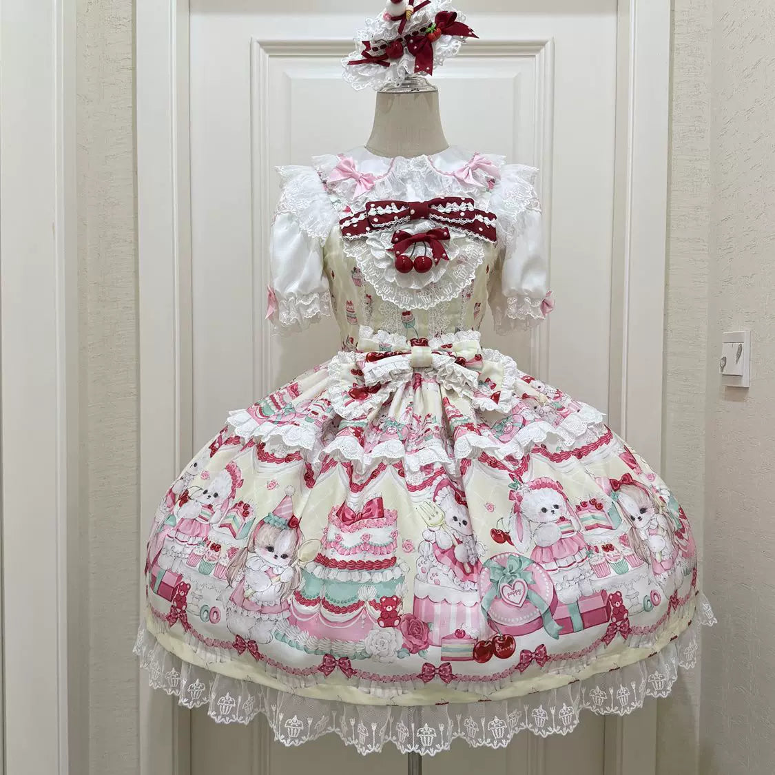 Lady Han Cherry Bake JSK dress by Lolita Fetch featuring cherry print fabric and elegant original Lolita fashion design.