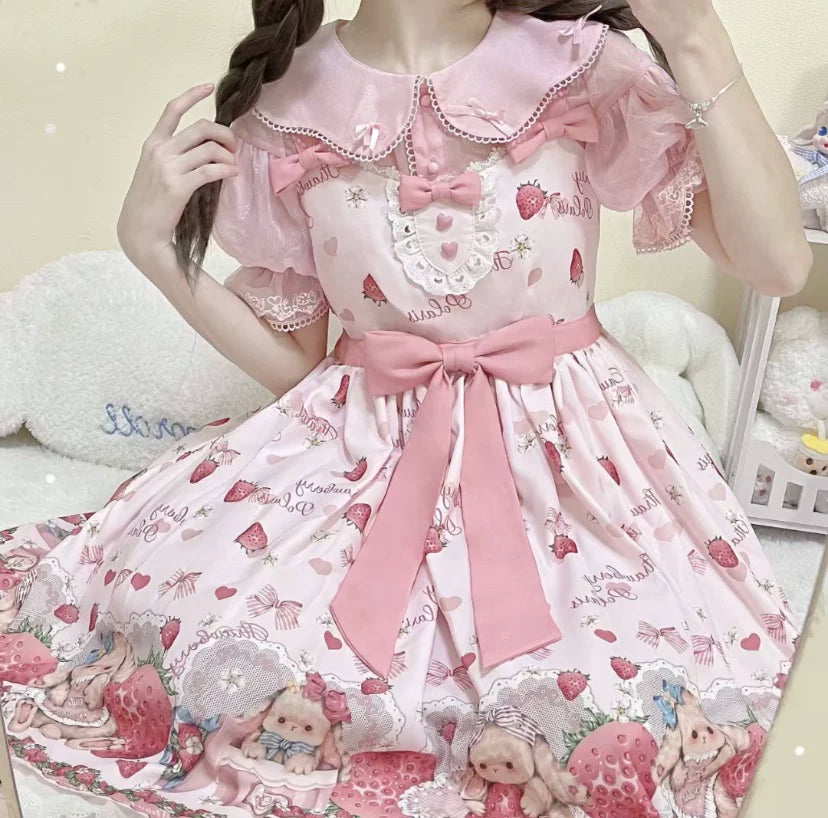 Sweetheart Dream Machine - Rabbit Strawberry Gift Box - Pink JSK Dress with a Rabbit-and-Strawberry Print