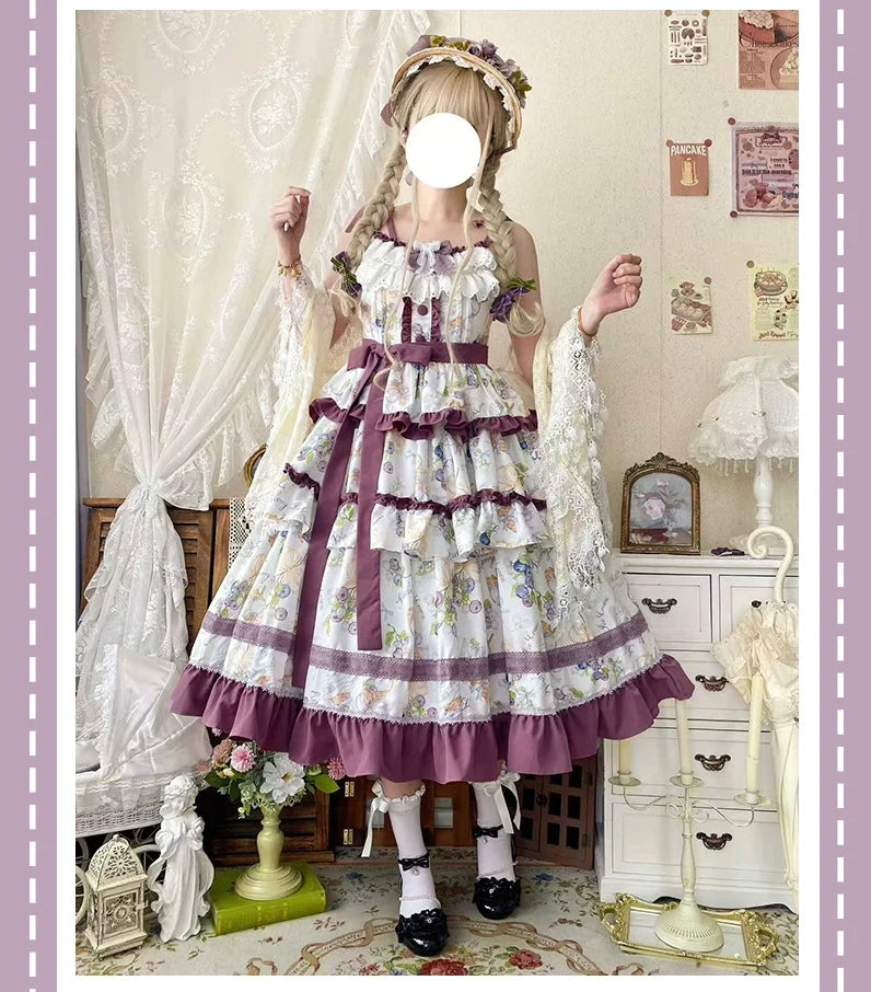 Qianmu - Blueberry Midsummer - Country Lolita Tiered JSK, Blueberry Print