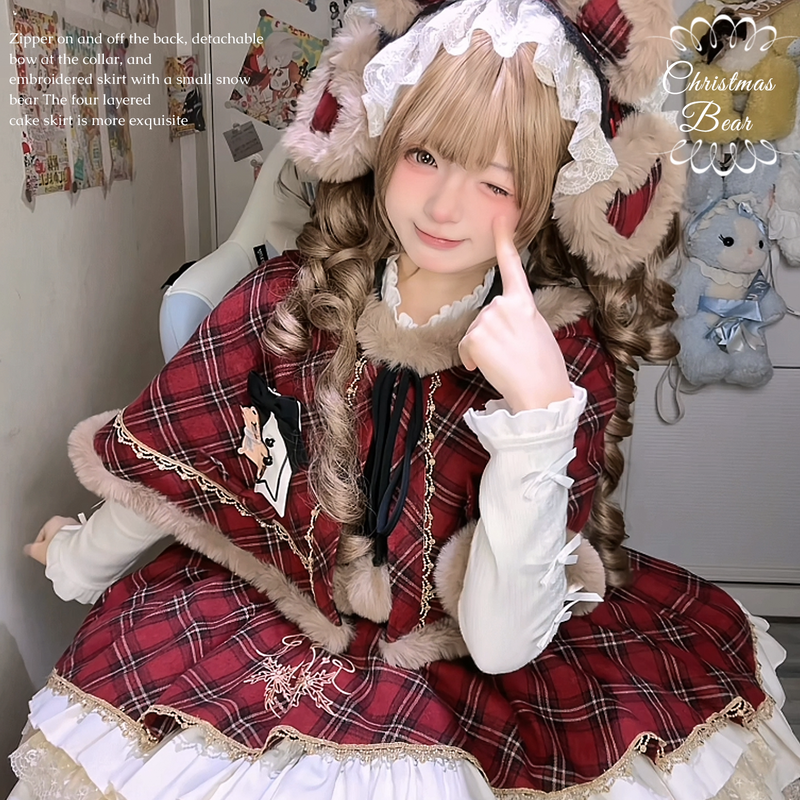 Chestnut Bear Cocoa Christmas Plaid JSK & Cape Options — additional product view