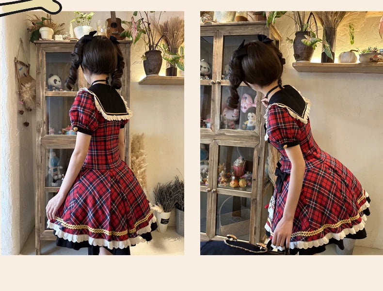 Red plaid puppy OP dress shown in model and detail photographs.