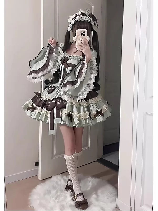 Creamy - Mint Chocolate Princess - JSK Dress and Hime-Sleeve Vest Set with Layered Ruffles