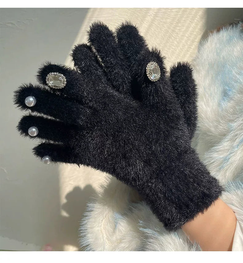 Sock Noble - Pearl & Rhinestone - Fuzzy Five-Finger Gloves with Novelty Detail Options